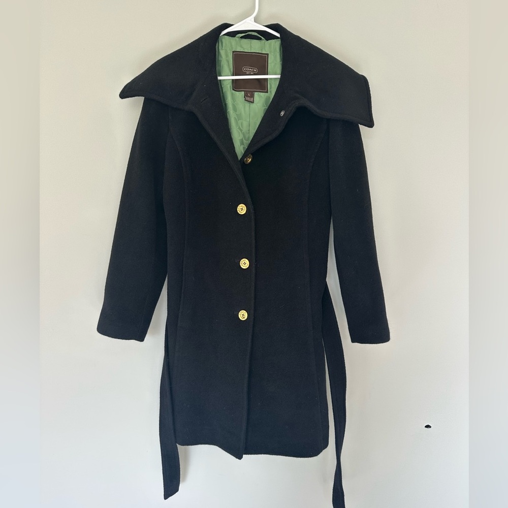 Coach Black Mohair Wool-Blend Belted Coat with Green Lining, Large. Gorgeous!